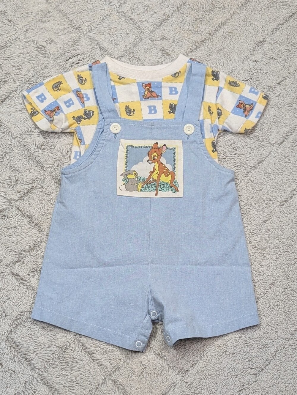 Vintage Disney Bambi Overalls Set Kids 24 M Blue Yellow Shirt Thumper Graphic 90